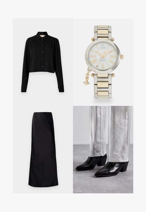Černá zkrácená košile s dlouhými rukávy, špičatým límcem a předním zapínáním na knoflíky. Vyrobena z hladké látky s volnějším střihem a manžetami.; Norma Kamali BIAS OBIE SKIRT - Maxi sukně - black; Černé kožené kotníkové boty s špičatou špičkou a blokovým podpatkem, zkombinované s lesklými stříbrnými kalhotami, které ukazují elegantní textury a kontrastní barvy.; Kulaté hodinky se stříbrno-zlatým kovovým náramkem, bílým ciferníkem, římskými číslicemi, zlatými ručičkami a ozdobným přívěskem.