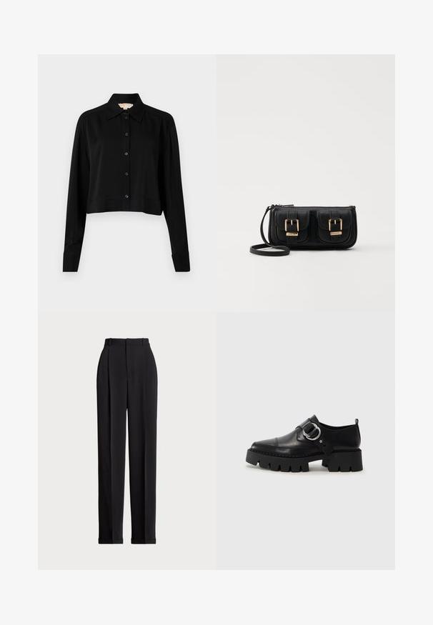 Čierna skrátená košeľa s dlhými rukávmi, špicatým golierom a zapínaním na gombíky. Vyrobená z hladkej látky s voľným strihom a manžetovými rukávmi.; Čierne prispôsobené nohavice s vysokým pásom, prednými záhybmi, rovnými nohavicami a manžetami na leme. Vyrobené z hladkej tkaniny.; Čierne kožené topánky s hrubou, rebrovanou podrážkou, vyznačujúce sa okrúhlou striebornou kovovou ozdobou a minimálnym prešívaním.; Čierna kožená crossbody taška s dvoma prednými vreckami, zlatými sponami, zipsovým uzatváraním a úzkym popruhom. Štruktúrovaný povrch a kompaktný obdĺžnikový tvar.