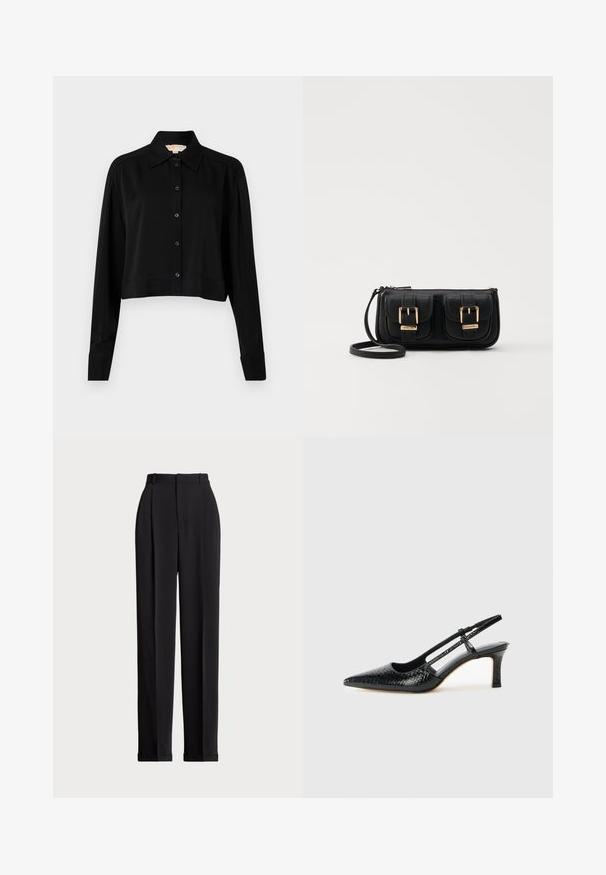 Black cropped shirt with long sleeves, a pointed collar, and button front. Made from smooth fabric with a relaxed fit and cuffed sleeves.; Black tailored trousers with a high waist, featuring pleats at the front, a straight leg design, and a cuffed hem. Made from smooth fabric.; Black patent slingback heel with a pointed toe, featuring textured snake print, adjustable strap, and a short, textured block heel.; Black leather crossbody bag with two front pockets, gold buckles, zipper closure, and a slim strap. Textured surface and compact rectangular shape.