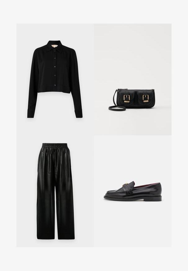 Camicia nera cropped con maniche lunghe, colletto a punta e chiusura con bottoni. Realizzata in tessuto morbido, con vestibilità rilassata e maniche a polsino.; Pantaloni ampi in pelle nera con vita elastica, dotati di due tasche laterali e una texture liscia e lucida.; Mocassini neri in pelle con un motivo cucito, texture liscia, dettaglio con fibbia dorata e punta arrotondata, posizionati su una suola bassa nera.; Borsa a tracolla nera in pelle con due tasche frontali, fibbie dorate, chiusura con zip e una tracolla sottile. Superficie texturizzata e forma rettangolare compatta.