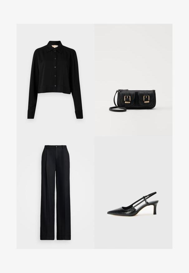 Fekete, rövid fazonú ing hosszú ujjakkal, hegyes gallérral és gombos elejével. Simító anyagból készült, laza szabású és megkötött ujjaival.; Fekete, bő szárú nadrág sima felülettel, lapos elejével, övhurkokkal és egyetlen gombos záródással a deréknál.; Fekete lakk slingback sarok, hegyes orral, texturált kígyómintával, állítható pánttal és rövid, texturált tömbsarkal.; Fekete bőr keresztbody táska két elülső zsebbel, arany csattokkal, cipzáras záródással és vékony pánttal. Textúrált felület és kompakt téglalap alak.