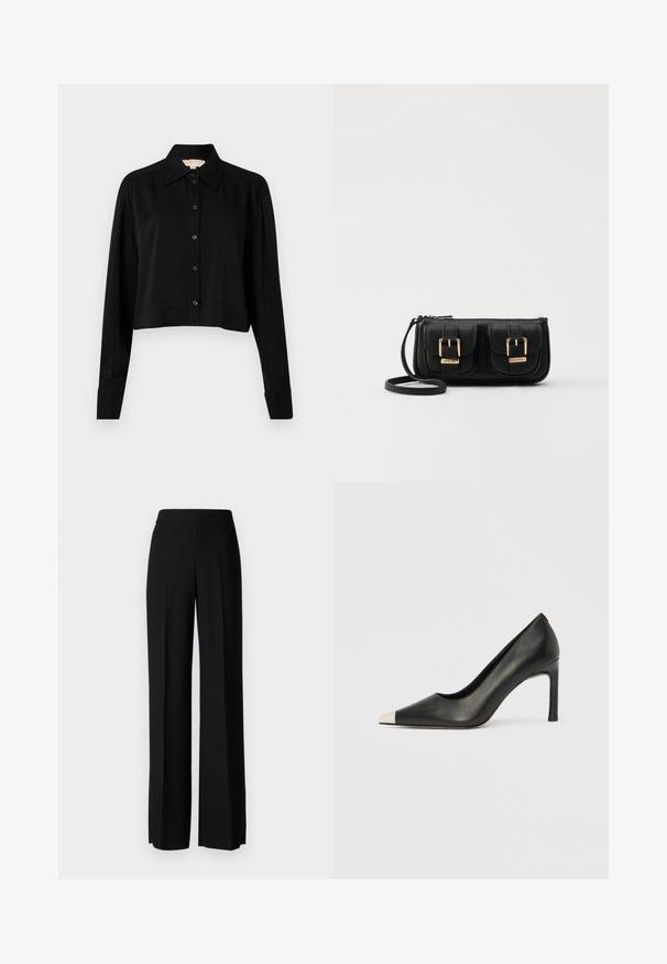 Crna skraćena košulja s dugim rukavima, uspravnim kragnom i dugmadi sprijeda. Izrađena od glatkog materijala s opuštenim krojem i manžetama.; Crne široke hlače s glatkom teksturom, s visokim strukom i središnjim pregibima. Nema vidljivih uzoraka ili hardverskih detalja.; Crna kožna cipela s visokim potpeticama, špicastim vrhom i metalnim srebrnim vrhom. Ima glatku završnu obradu i tanku petu visine 10 cm.; Crna kožna torba preko ramena s dva prednja džepa, zlatnim kopčama, zatvaranjem na zip i uskim remenom. Teksturirana površina i kompaktan pravokutan oblik.