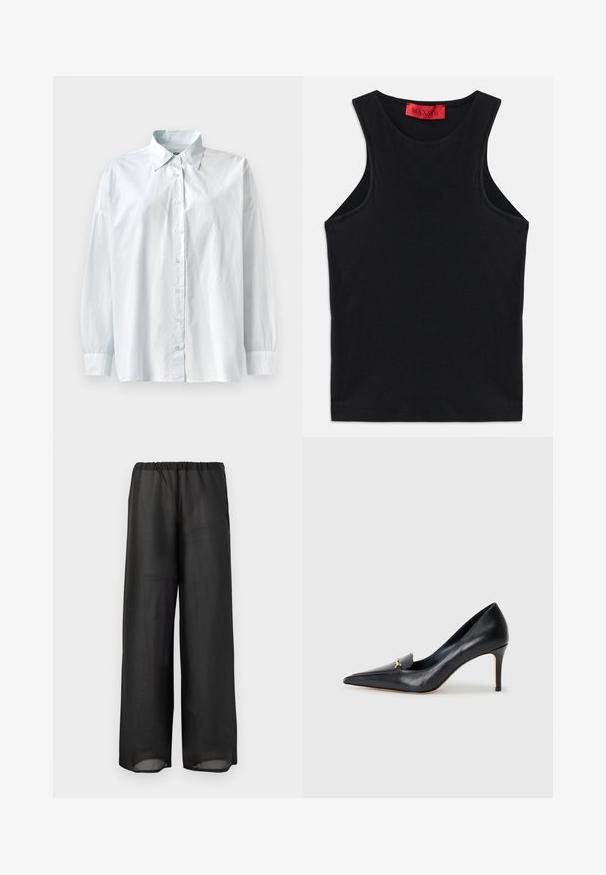 Gai zils pogu krekls ar klasisku apkakli, garām piedurknēm un brīvu piegriezumu. Izgatavots no gludas auduma ar nedaudz spīdumu.; Melnā bez piedurknēm augšdaļa, izgatavota no mīksta kokvilnas. Tam ir apaļa kakla izgriezums un standarta apakšmalas. Vienkāršs dizains, nav redzamu rakstu vai akcentu.; Melni plataji gali svārki, izgatavoti no viegla, daļēji caurspīdīga auduma ar elastīgu jostasvietu. Dizainā ir plūstoša un brīva silueta.; Melnas ādas sūkņi ar norādītu pirkstu, zemu griezumu un dekoratīvu zelta akcentu. Iezīmējas ar stiletto papēdi un gludu tekstūru.