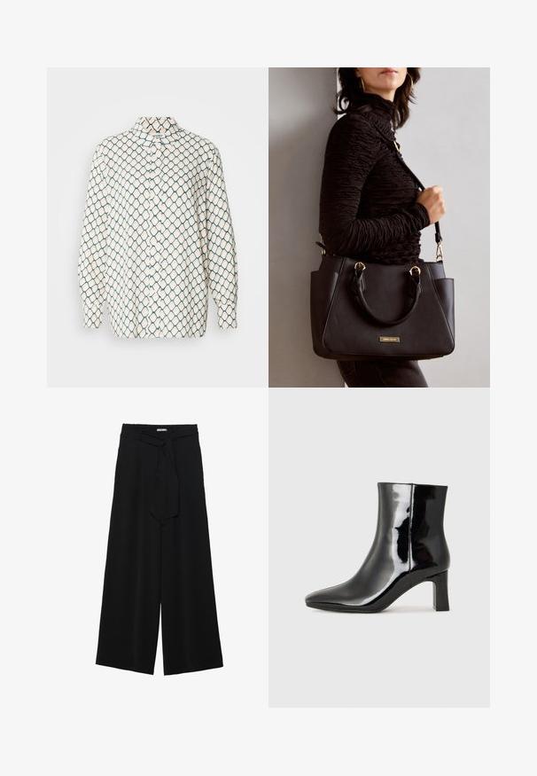 Long-sleeve shirt in cream with a geometric blue pattern. Features a pointed collar and a button-down front. Soft fabric texture.; Black wide-leg pants featuring a textured fabric, an elastic waistband, and a detachable sash tie at the waist for adjustable fit.; Black patent leather ankle boot with a pointed toe and a mid-height block heel. Smooth texture and minimalist design.; Black handbag with textured surface, dual top handles, and adjustable shoulder strap. Features gold-tone hardware and side pockets.
