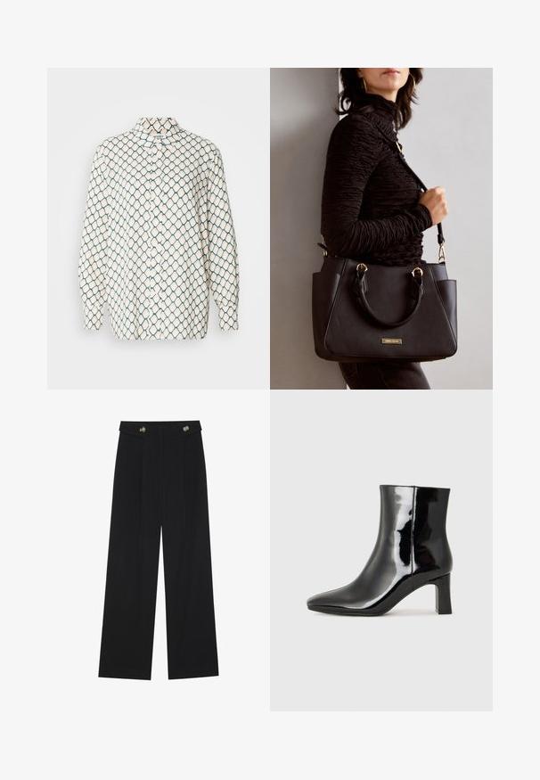Long-sleeve shirt in cream with a geometric blue pattern. Features a pointed collar and a button-down front. Soft fabric texture.; Black wide-leg trousers with high waist, button details on waistband, and front pleats.; Black patent leather ankle boot with a pointed toe and a mid-height block heel. Smooth texture and minimalist design.; Black handbag with textured surface, dual top handles, and adjustable shoulder strap. Features gold-tone hardware and side pockets.