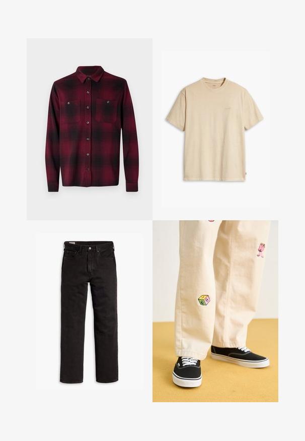 Raudonas ir juodas languotas flanelinis marškinis su ilgomis rankovėmis, dviem krūtinės kišenėmis, mygtukų užSegimu ir standartiniu coloriu. Minkšta textura.; Kreminė medvilninė marškinėliai su apvalia iškirpte ir trumpomis rankovėmis. Ant krūtinės yra subtilus „Levi's“ logotipas tos pačios spalvos. Minkšta tekstūra.; Juodos tiesios kojų džinsinės kelnės su penkiomis kišenėmis, mygtuko užsegimu ir diržo kilpomis, išdėstytos plokščiai ant balto fono.; Bežinės medvilninės kelnės su žaismingais siuvinėjimais, įskaitant rožinį personažą ir spalvotą bloką, derinamos su juodais bateliais su raišteliais.