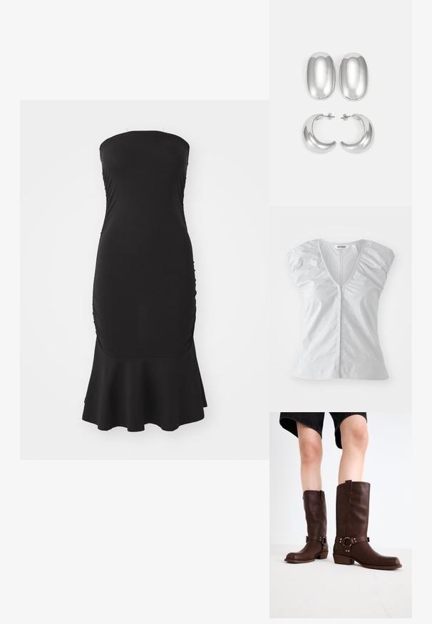 Light grey short-sleeve blouse with a deep V-neck. Features gathered shoulder details and a straight hem, made from soft, smooth fabric.; Black strapless dress made of stretchy fabric, featuring ruching along the sides and a flared hem. Smooth texture with a fitted silhouette.; Brown leather knee-high boots with a rounded toe, textured surface, ankle strap, and silver hardware detail; stacked heel.; Silver-colored earrings set: two oval studs and two crescent-shaped hoops, featuring a glossy, smooth finish and a rounded design.