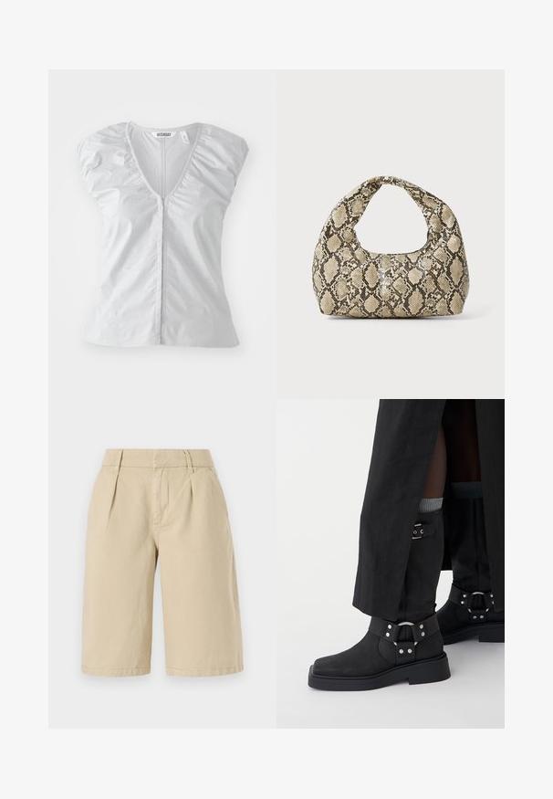 Lys grå bluse med korte ermer og dyp V-hals. Har samlet skulderdetaljer og rett kanten, laget av mykt, glatt stoff.; Beige bomullsshorts med en avslappet passform, med frontfolder og sidelommer, som slutter rett over knærne med en ren kant.; Sorte ankelstøvler laget av lær med matt finish, firkantet tå og dekorative spenner. Sålen er robust og teksturert.; Veske med slangeskinnmønster og krummet håndtak. Laget av teksturerte, beige og brune materialer, med et særegent diamantmønster.