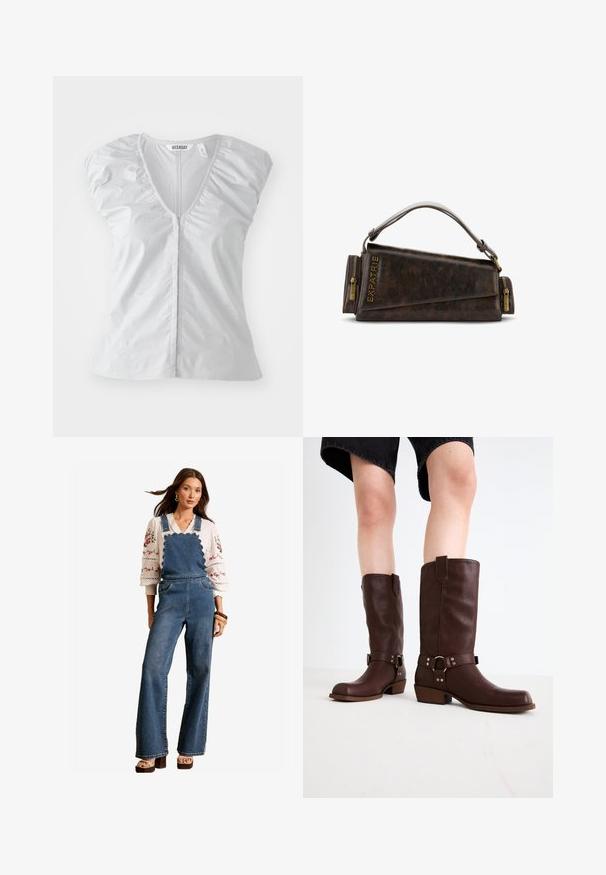 Jasnoszara bluzka z krótkim rękawem o głębokim dekolcie w kształcie V. Posiada marszczone detale na ramionach oraz prosty dół, wykonana z miękkiego, gładkiego materiału.; Dżinsowe ogrodniczki z falistym wzorem przy bibie, rozszerzanymi nogawkami i bocznymi kieszeniami. Połączone z białą bluzką z haftem i drewnianymi akcesoriami.; Brązowe skórzane kozaki do kolan z okrągłym noskiem, teksturowaną powierzchnią, paskiem w okolicy kostki i srebrnymi detalami; na platformie.; Brązowa skórzana torebka z geometrycznym wzorem, z górną rączką i mosiężnymi suwakami. Logo wytłoczone z boku.
