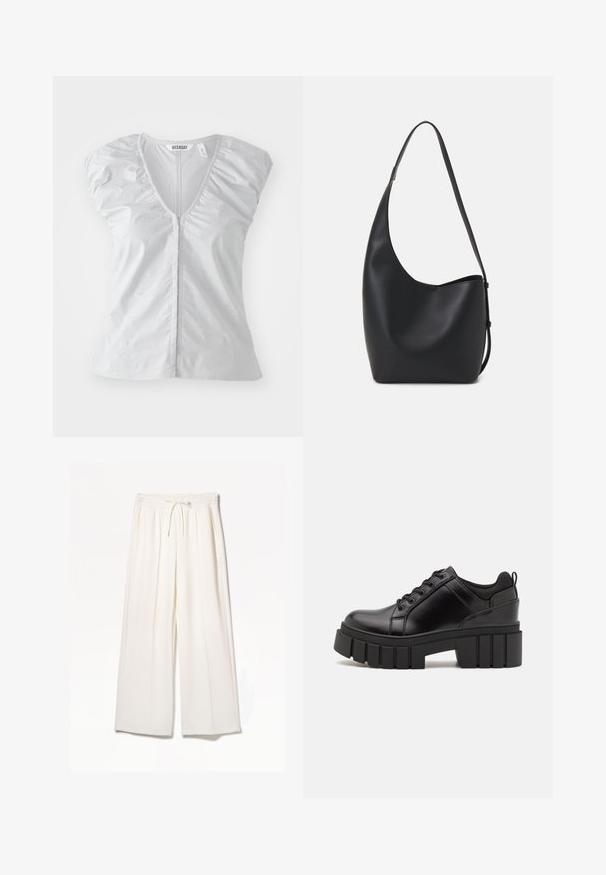 Hellgraue Kurzarmbluse mit tiefem V-Ausschnitt. Verfügt über geraffte Schulterdetails und einen geraden Saum, gefertigt aus weichem, glattem Stoff.; Weiße weite Hosen aus leichtem Stoff, mit elastischem Bund, Kordelzug und seitlichen Taschen, ohne sichtbare Muster.; Schwarze Lederplateauschuhe mit klobigem Blockabsatz, runder Zehenpartie und traditionellem Schnürdesign. Verfügt über eine glatte Textur und minimale Details.; Schwarze Leder-Hobo-Tasche mit einer glatten Textur, geschwungener Form und einem einzelnen verstellbaren Tragegurt; verfügt über eine weite Öffnung am oberen Ende.