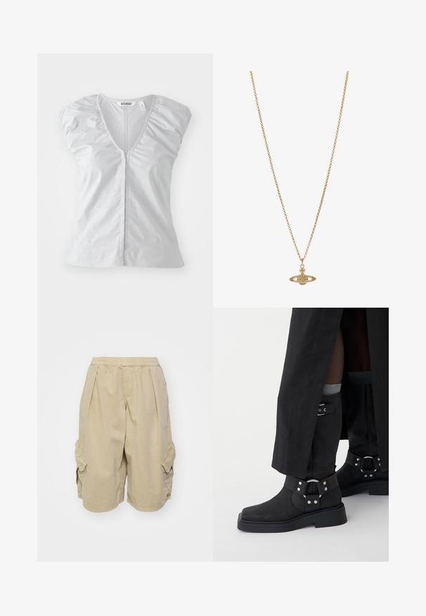 Vaaleanharmaa lyhythihainen pusero, jossa on syvä V-pääntie. Varustettu kerätyillä olkapäällä ja suoralinjaisella helmalla, valmistettu pehmeästä ja sileästä kankaasta.; BDG Urban Outfitters DETROIT - Reisitaskuhousut - sand; Musta nilkkurit, jotka on valmistettu nahasta mattapinnalla, neliön muotoisella kärjellä ja koristeellisilla soljilla. Pohja on jykevä ja teksturoitu.; Kultaketju, jossa on soikea riipus, jossa on monimutkainen kuvio ja keskeinen kivikoriste, sekä hienostunut tekstuuri.
