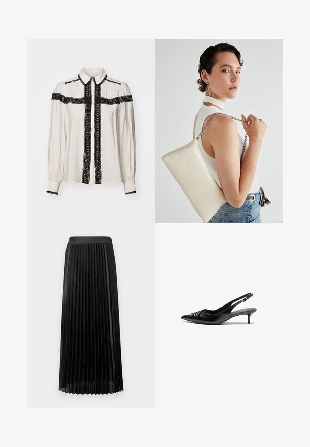 Valkoinen paita, jossa on mustaa pitsiä edessä, kauluksessa ja hihoissa. Ominaisuuksiin kuuluu pitkät hihat ja napitettava sulkeminen.; Pleatattu musta hame, jossa on sileä vyötärö, kevyt kangas. Siinä on terävät, pystysuorat laskokset ja keskipitkä pituus.; Mustat nahkaiset slingback-korkokengät, joissa on terävä kärki, pieni kitten-korko ja koristeellinen solki edessä. Yksinkertainen pinta kauttaaltaan.; Valkoinen suorakulmainen clutch-laukku, joka on valmistettu kiiltävästä materiaalista ja jossa on hopeinen ketjuolkahihna. Malli poseeraa laukku käsivarsillaan yksinkertaista taustaa vasten.