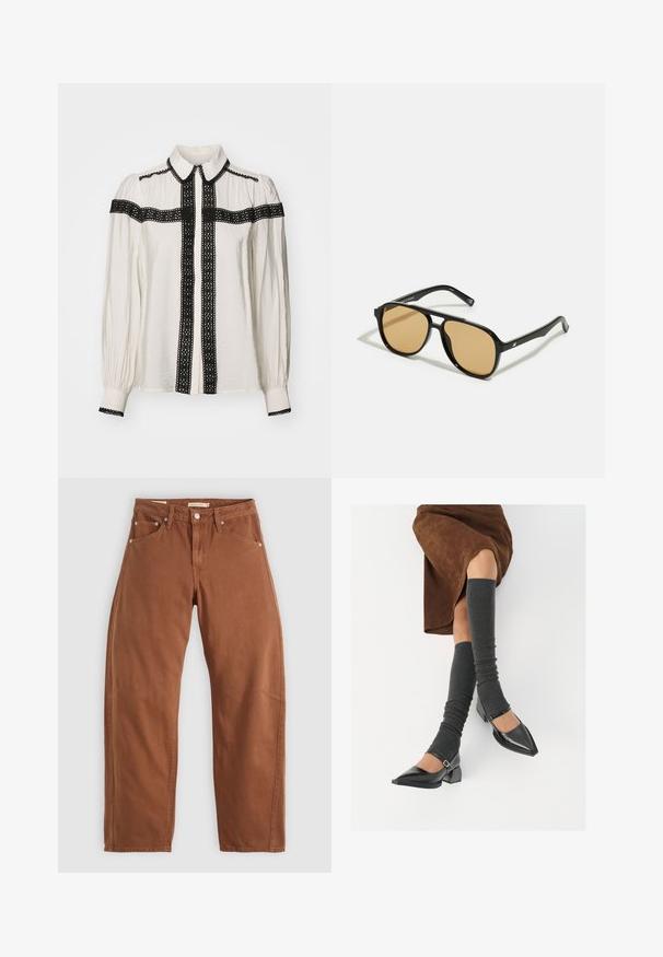 Fehér blúz fekete csipke részletekkel az elején, a galléron és az ujjakon. Hosszú ujjak és gombos záródás jellemzi.; Rozsdabarna egyenes szárú farmernadrág, elülső és hátsó zsebekkel, fém szegecsekkel, gombos záródással és övhurkokkal, síkban, fehér háttérre helyezve.; Fekete lakk bőrből készült, hegyes orrú cipők, tömbsarkúakkal és bokapánttal, szürke bordás lábszármelegítőkkel és barna velúr szoknyával párosítva.; Fekete napszemüveg barna árnyalatú lencsékkel; téglalap alakú, vastag kerettel, a szárakon diszkrét fém részletekkel.; Barna bőrtáska, két masszív fogantyúval, téglalap alakú, sima felülettel és cipzáras záródással. Minimalista dizájn, látható minták nélkül.