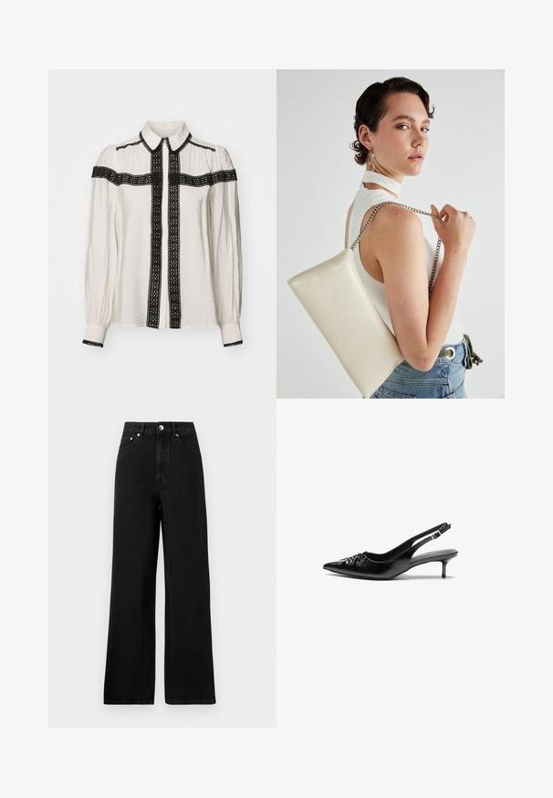 Valge pluus musta pitsiga detailidega ees, kaeluses ja varrukates. Omab pikki varrukaid ja nööbiga sulgemist.; Kõrge vöökohaga mustad teksapüksid laia säärega disainiga, viie taskuga ja hõbedase tooni metalldetailidega. Üldiselt sile tekstuur.; Musthave nahkased kõrged kontsad, millel on terav varvas, väike kitten-kont ja dekoratiivne sõlm ees. Ühtlane sile tekstuur.; Valge ristkülikuline kotti, mis on valmistatud läikivast materjalist, hõbedase ahelsangaga. Mudel poseerib, tutvustades kotti ühtlase taustaga.