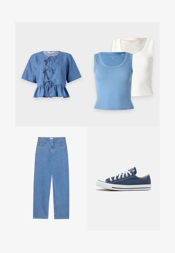Mėlyna džinsinio audinio bluzonė su trumpomis rankovėmis, apvaliu kaklu, priekyje surišimais ir peplum apatine dalimi. Lygus audinys su kasdiene dizaino išvaizda.; Dvi raukšlėtos marškinėlių su siaurais petnešėlėmis: vieni šviesiai mėlyni, o kiti balti. Kiekvieni turi apvalią iškirptę ir prigludusią siluetą, pabrėžiantį audinio tekstūrą.; Šviesiai mėlynos džinsinės kelnės su tiesiu kirpimu, penkių kišenių dizainu, vieno mygtuko užsegimu ir subtiliomis siuvimo detalėmis siūlėse.; Tamsiai mėlynos kanvos sportbačiai su baltais raišteliais ir skylutėmis, turintys baltą gumos pirštų dangtelį ir juodą juostelę palei padą.