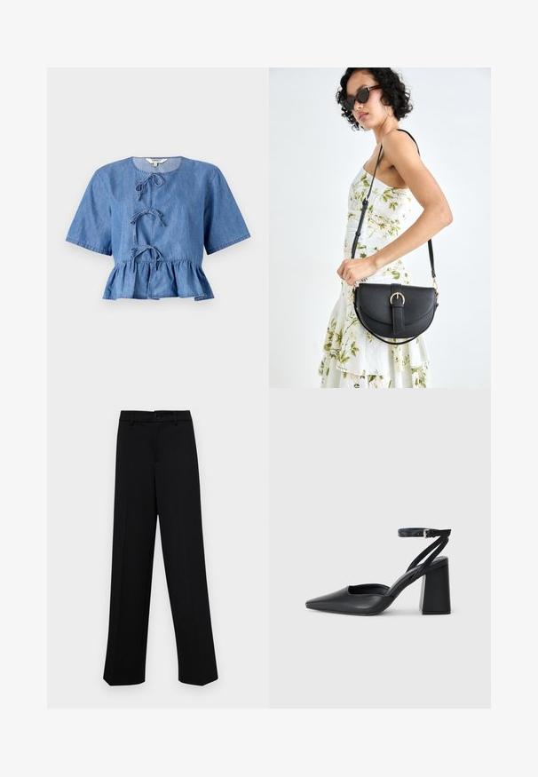 Blue denim blouse with short sleeves, round neck, front ties, and a peplum hem. Smooth texture with a casual design.; Black wide-leg trousers made of smooth fabric, featuring a classic waistband with a button closure and front pleats.; Black leather pointy-toe pump with an ankle strap and a chunky heel. Flat texture, sleek design, and minimalistic aesthetics.; Black leather handbag with a curved shape, detachable strap, and gold hardware. The bag features a flap with a buckle detail.