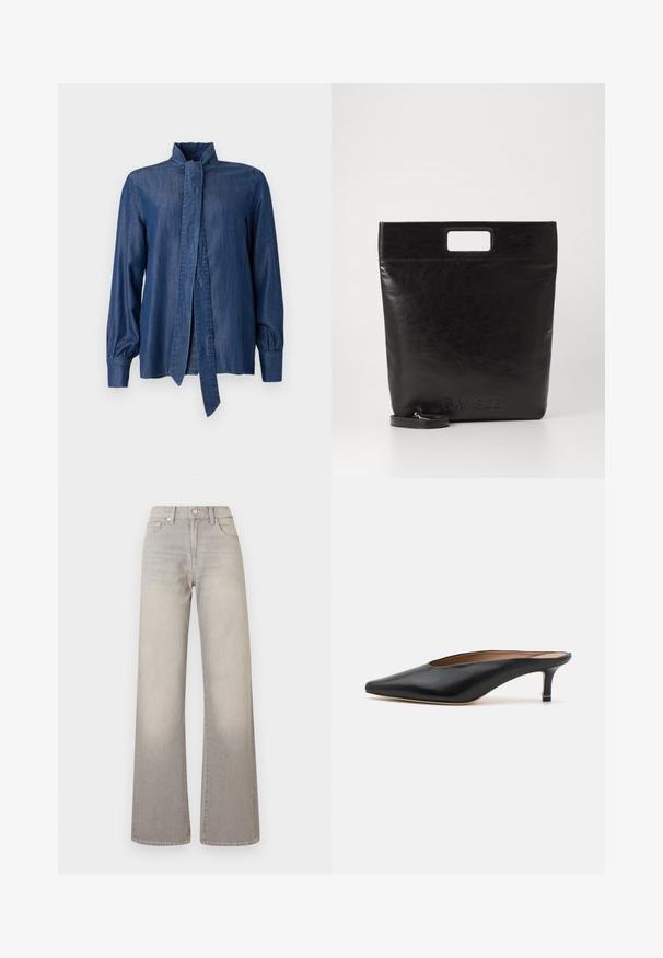 JOOP! ULLA - Overhemdblouse - dark blue; Grijze wijde jeans met een vervaagde afwerking, knoopsluiting, vijfzakkenontwerp en gestikte details langs de naden.; Zwarte leren muiltjes met een puntige neus en een lage, blokhak. Glad oppervlak met een gestroomlijnd ontwerp. Open achterkant met minimale details.; Zwarte leren draagtas met een vierkant handvat, met een gestructureerde afwerking en een reliëflogo. Inclusief een afneembare schouderband.