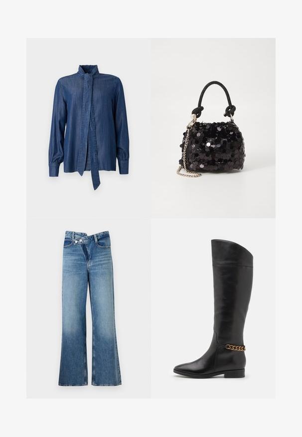 JOOP! ULLA - Skjortebluser - dark blue; Lysblå denim flared jeans med høj talje, der har to knapper og forlommer. Stoffet har en falmet struktur med subtile variationer.; Høje sorte læderstøvler med et slankt design, spids tå og en guld kædeaccent ved anklen. Lav blokhæl. Glat overflade.; Sort pailette mini håndtaske med en knyttet struktureret rem og sølv kæde. Rund form med samlet top og reflekterende detaljer.