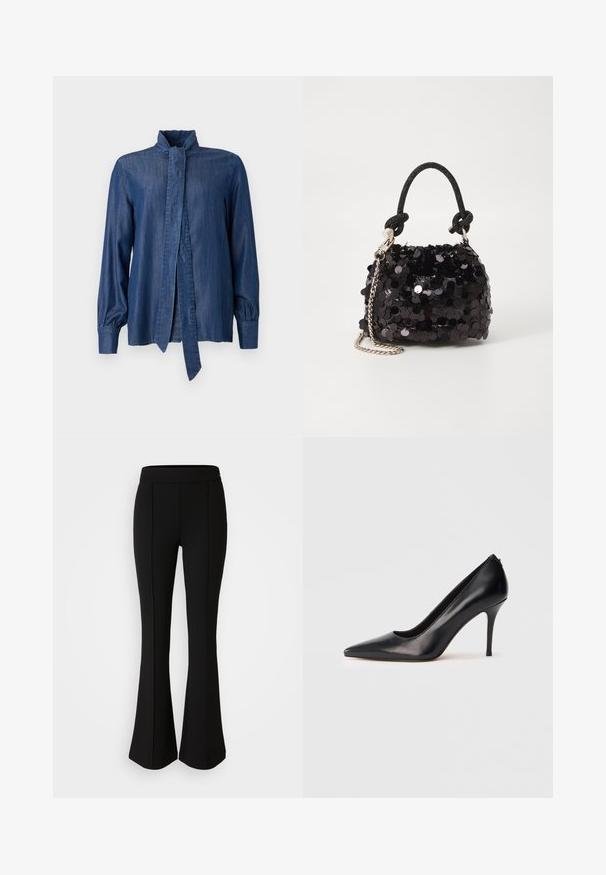 JOOP! ULLA - Pogājama blūze - dark blue; Melni izplešami bikses, izgatavotas no elastīga materiāla ar gludu tekstūru, ar šuvju detaļām priekšpusē, lai pievienotu dizaina elementus.; Melns ādas augstpapēžu pumps ar smailu purngalu, gludu virsmu un elegantām līnijām. Rāda plānu, paceltu papēdi un zemu izgriezumu priekšpusē.; Melna spīguļota mini rokas soma ar mezglotu teksturētu siksniņu un sudraba ķēdi. Apaļa forma ar sakopotām malām un atstarojumu detaļām.