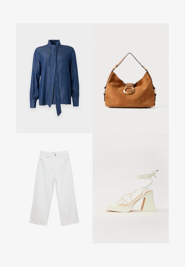 JOOP! ULLA - Hemdbluse - dark blue; Weiße Jeans im weit geschnittenen Design aus Denim mit hoher Taille, ausgestattet mit fünf Taschen und Metallbeschlägen. Glatte Textur, keine sichtbaren Muster.; Weiße High-Heel-Sandale mit einem klobigen Absatz, die über ein Riemchendesign und ein Knöchelband verfügt. Glatte Textur mit einer Plattform vorne für zusätzliche Höhe.; Braune Wildleder-Handtasche mit runder Form, einem goldfarbenen Hardware-Verschluss und einem kontrastierenden schwarzen Rand. Verfügt über einen einzelnen Schulterriemen zum Tragen.