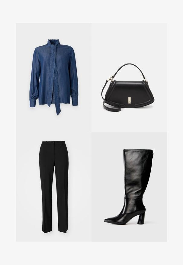 JOOP! ULLA - Skjortebluser - dark blue; Sorte skræddersyede bukser med lige ben-design, der har en glat tekstur og skarpe folder langs fronten. Ingen synlige hardware.; Knee-high sorte læderstøvle med spids tå, glat tekstur og en kraftig hæl. Har en lynlåsdetaile bagpå.; Sort læderhåndtaske med en struktureret design, der har en kortet form, tophåndtag og guld hardware-accenter. Justerbar skulderrem inkluderet.