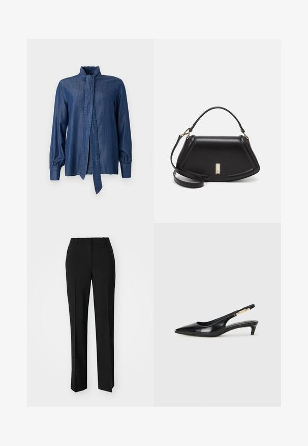 JOOP! ULLA - Blusa - dark blue; Pantalones negros ajustados con un diseño de pierna recta, que presentan una textura suave y pliegues nítidos en el frente. Sin herrajes visibles.; Tacones negros de piel sintética tipo slingback con punta afilada, que cuentan con un tacón delgado y un detalle en tono dorado en la correa ajustable. Textura suave.; Bolso de mano de cuero negro con un diseño estructurado, que presenta una forma recortada, asa superior y acentos en dorado. Correa de hombro ajustable incluida.