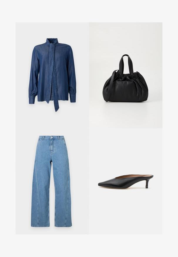 JOOP! ULLA - Button-down blouse - dark blue; Light blue wide-leg jeans made of denim, featuring a high waist, straight cut, and contrasting stitching along the seams.; Black leather mules with a pointed toe and low, block heel. Smooth texture with a sleek design. Open back with minimal detailing.; Black leather handbag with a gathered top design, featuring two short handles and a long adjustable strap. Smooth texture, rounded shape.