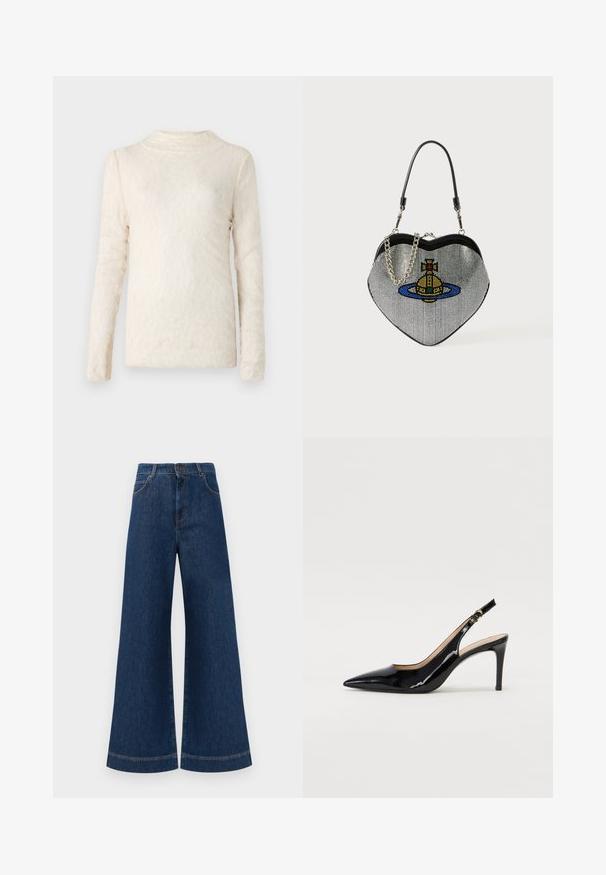 Hofmann Copenhagen KAREN - Ilgarankovis viršutinės dalies drabužis - oyster; Plati mėlynos džinsinės kelnės su aukštu liemeniu, turinčios mygtukų užsegimą, diržo kilpas ir subtilius siuvinėjimo akcentus ant kišenių bei apdailos.; Juodas lakinės odos slingback batelis su smailiu nosiu, plonu kulnu ir subtiliu išpjovos dizainu. Yra auksinė sagtis ant dirželio.; Širdies formos tinklinė rankinė su metaliniu blizgiu, kurioje vaizduojamas katės ir planetos dizainas mėlyna, geltona ir raudona spalvomis. Įskaičiuota grandinėlė.