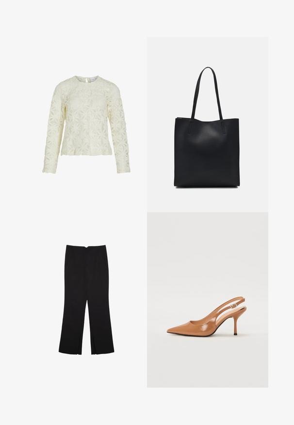 Valkoinen pitkähihainen toppi, joka on valmistettu teksturoidusta kankaasta ja siinä on kukka-applikaatioita. Ominaisuuksiin kuuluu pyöreä kaula-aukko ja avainreikäkiinnitys selässä.; Mustat housut suoralinjaisella leikkauksella, joissa on etutaskut ja sivurei'ät helman alla. Valmistettu pehmeästä ja sileästä kankaasta. Sopii eri tilaisuuksiin.; Korkokenkä, jossa on terävä kärki ja avonainen kanna, valmistettu sileästä, kiiltävästä ruskeasta materiaalista. Sisältää kaarevan leikkuun muotoilun ja hoikan stilettokannan. Hopeinen solkiyksityiskohta.; Mustapahkainen kangaskassi, jossa on sileä pinta, suorakaiteen muotoinen ja kaksi pitkää kahvaa. Ei näkyvää metalliosaa tai koristeita.