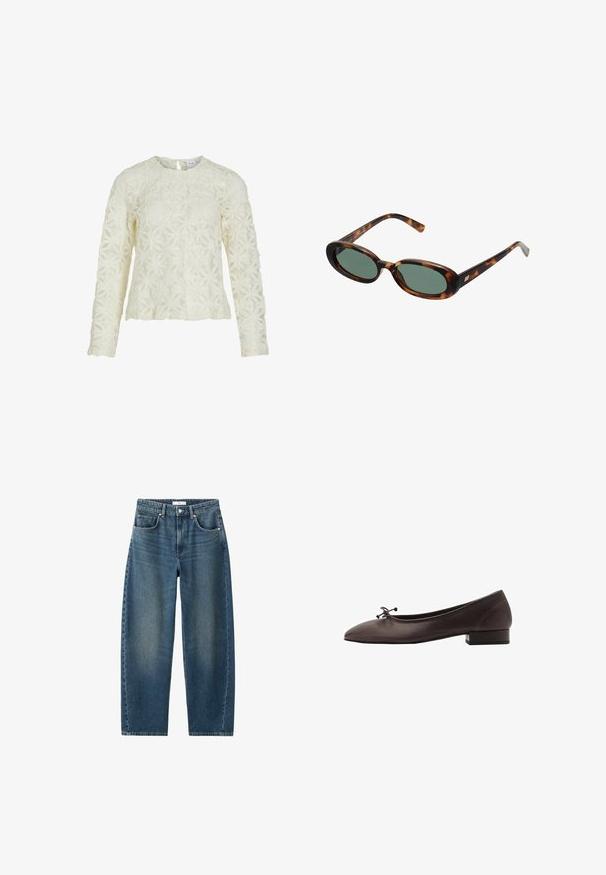 Biela dlhá blúzka s dlhým rukávom vyrobená z textúrovanej tkaniny s kvetinovou výšivkou. Má okrúhly výstrih a zadné zapínanie na kľúčovú dierku.; Tmavomodré denimové džínsy so rovnými nohavicami, dizajnom s piatimi vreckami a klasickým gombíkovým zapínaním. Mäkka textúra s jemným vyblednutím.; Hnedé kožené baletky s zaoblenou špičkou a malým blokovým podpätkom. Obsahujú tenkú mašľu vpredu a jemné švy.; Slnečné okuliare v štýle korytnačiny s oválnymi rámami a zelenými sklami. Majú tenké nožičky s kovovým akcentom pri pántoch.; Tkaná žltá kabelka s oblúkovou hornou rukoväťou a neštruktúrovaným tvarom. Textúrovaný povrch obsahuje krížový vzor.