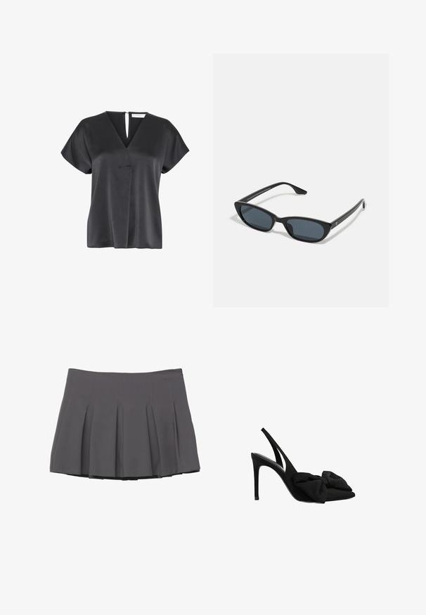 Schwarze kurzärmelige Bluse mit V-Ausschnitt, strukturiertem Stoff, einem Überlappungsdetail vorne und einer Schlüssellochöffnung am Rückenausschnitt.; Zwei trägerlose Crop Tops in Schwarz und Weiß, aus elastischem Baumwollstoff hergestellt. Glatte Textur mit einem schlichten Design und ohne sichtbare Nähte.; Grauer gefalteter Rock mit glatter Textur, der gestickte Details und einen taillierten Bund aufweist und in einer Länge bis zur Mitte des Oberschenkels abschließt.; Schwarze Slingback-Highheels aus glattem Stoff mit spitzer Zehenform und einem Stoffschleifchen auf der Vorderseite. Schlanker Stiletto-Absatz.; Schwarze Cat-Eye-Sonnenbrille mit dunklen Gläsern, Kunststoffrahmen, schlanken Bügeln und dezentem Branding an der inneren Seite des Bügels. Matte Oberflächenstruktur.; Schwarze Lederhandtasche mit strukturiertem Design, goldfarbenen Beschlägen und einem Schlosselement. Verfügt über zwei obere Henkel und geprägtes Branding auf der Vorderseite.