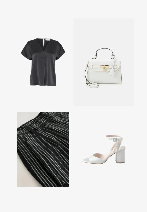 Fekete, rövidujjú blúz V-nyakkal, texturált anyagból, elöl átfedéssel és kulcslyuknyílással a hátsó nyakrészén.; Fekete szövet rövidnadrág, függőleges fehér csíkokkal, plisszírozott részletekkel és elülső gombos záródással. A struktúra gyűröttnek tűnik, kihangsúlyozva a mintákat.; Fehér magassarkú szandál fényes selyem felsőrésszel, széles blokk sarokkal és boka pánttal, melyen egy kis csat található. Simább tapintású, minimális design.; Fehér kézitáska krokodilbőr textúrával, arany hardware-rel, felső fogantyúval és levehető vállpánttal; zárható fedéllel és minimalista dizájnnal rendelkezik.