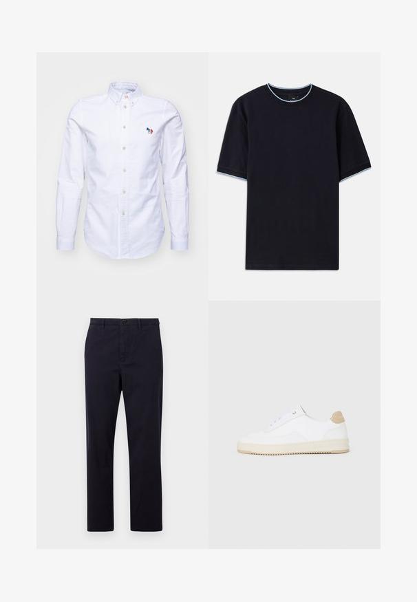 PS Paul Smith MENS TAILORED FIT - Shirt - whites; Dark blue short-sleeve t-shirt with a round neckline, featuring light blue accent at the collar and sleeves. Made of soft cotton fabric.; PS Paul Smith TROUSER - Chinos - dark blue; White low-top sneakers with a textured leather upper, cream ridged sole, and a tan heel accent. Features white laces and logo detail on heel.