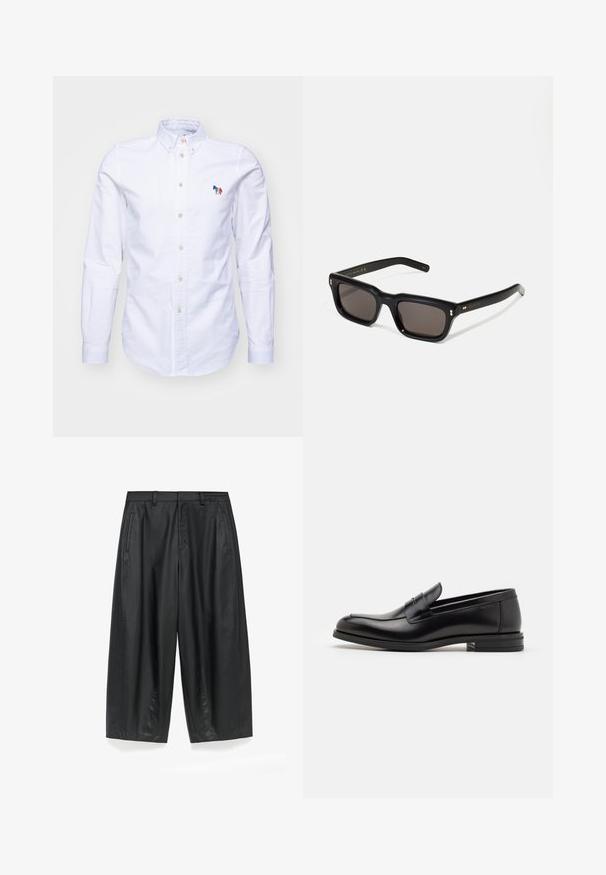 PS Paul Smith MENS TAILORED FIT - Overhemd - whites; Witte katoenen t-shirt met korte mouwen en een ronde hals. Eenvoudig ontwerp zonder patronen of accenten. Glad textuur.; Zwarte wijde broek gemaakt van een gladde, matte stof. Heeft een op maat gemaakte tailleband, voorplooien en zijzakken.; Zwarte leren instappers met een gladde textuur, ronde neus en een decoratieve band over de wreef. Lage, gestapelde hak en minimalistisch ontwerp.; Zwarte rechthoekige zonnebril met donkere lenzen, een dik plastic montuur, gouden accenten op de veren en het merkembleem gegraveerd op de arm.