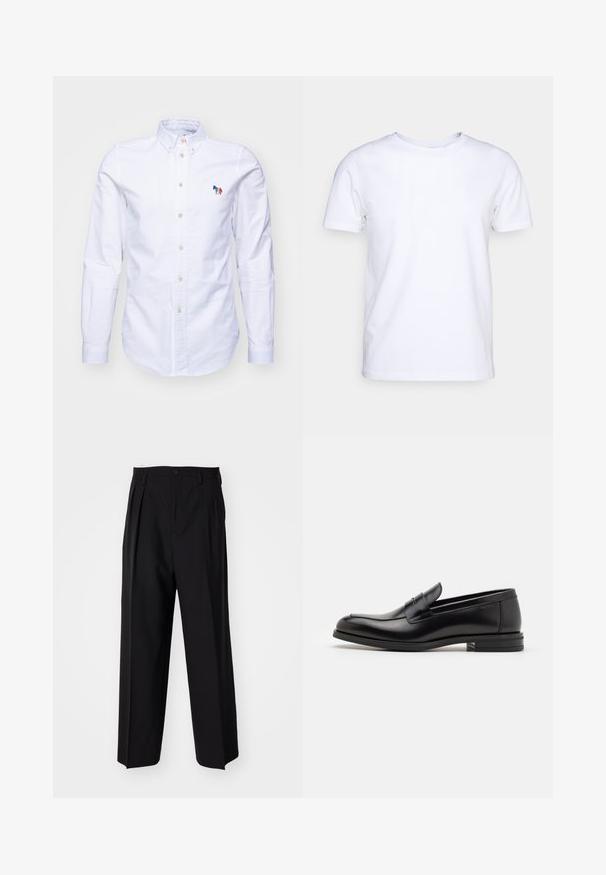 PS Paul Smith MENS TAILORED FIT - Majica - whites; Bijela majica kratkih rukava od pamučnog materijala s okruglim izrezom. Jednostavan dizajn bez uzoraka ili naglasaka. Glatka tekstura.; Crne plisirane hlače s ravnim širokim nogavicama. Izrađene od glatkog materijala, s dugmadi za zatvaranje i petljama za remen.; Crni kožni mokasini s glatkom teksturom, zaobljenim prstima i ukrasnom trakom preko prednjeg dijela. Niski slojeviti potplat, minimalistički dizajn.