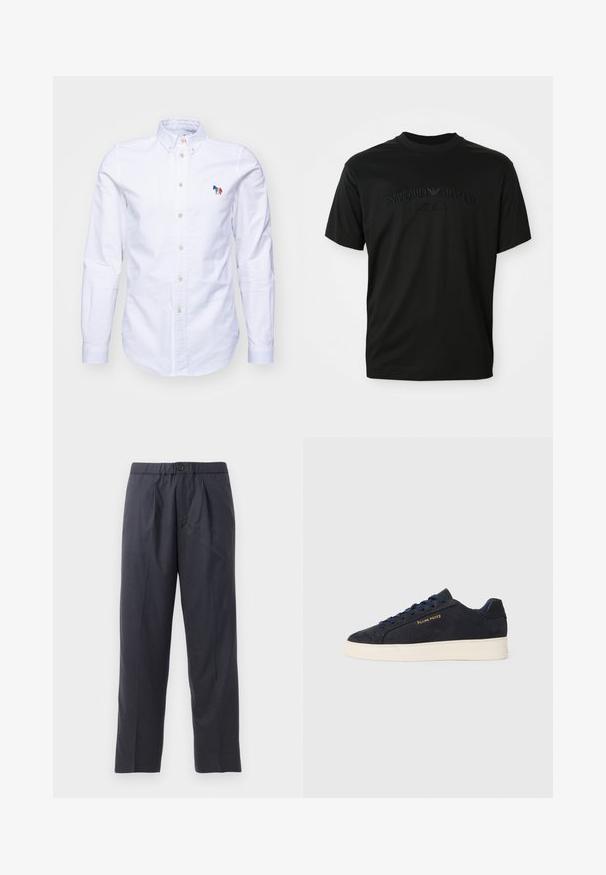 PS Paul Smith - Koszula; Czarna koszulka z krótkim rękawem i okrągłym dekoltem, z tonalnym haftowanym logo "Emporio Armani Milano" z przodu. Gładka faktura.; Ciemnoniebieskie spodnie z miękkiego materiału z plisowanym przodem i elastyczną talią. Posiadają zapięcie na guzik i prostą nogawkę.; Granatowe zamszowe sneakersy niskie z białą podeszwą, granatowymi sznurówkami i logo "Filling Pieces" w złotym kolorze na boku.