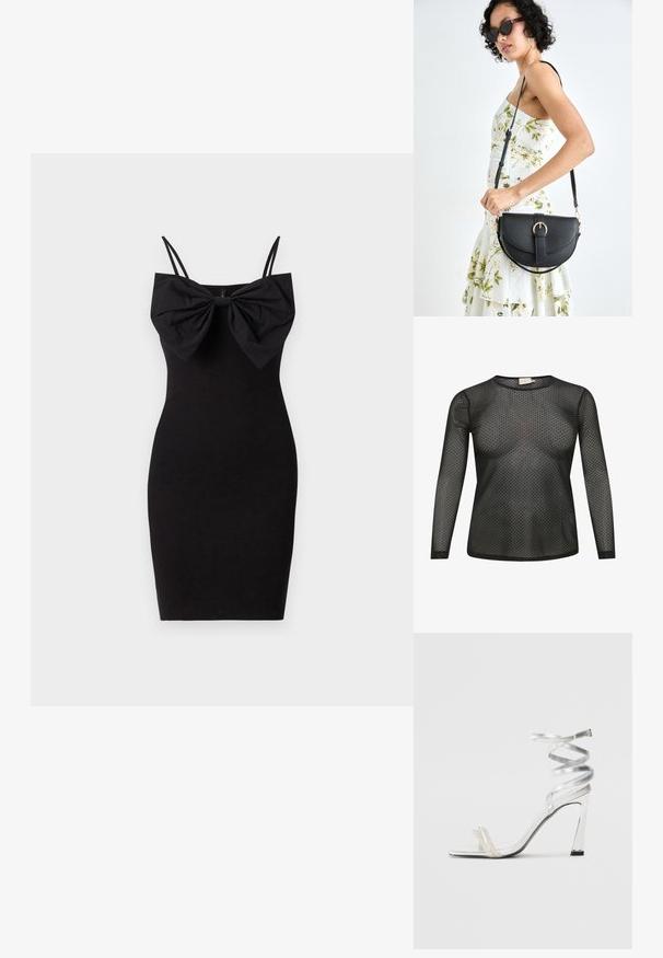 Crna dugih rukava majica od prozirnog materijala s uzorkom točkica. Ima okrugli izrez i uski kroj.; Crna priljubljena haljina s velikim mašnom na dekolteu, s tankim podešivim trakama i glatkom, rastezljivom teksturom tkanine.; Srebrna sandala na visokoj potpetici s sjajnim dizajnom trake, s akcentom nalik biseru i spiralnom trakicom za gležanj radi sigurnog držanja.; Crna kožna torba s lukovitim oblikom, odvojivim remenom i zlatnim detaljima. Torba ima preklop s kopčom.