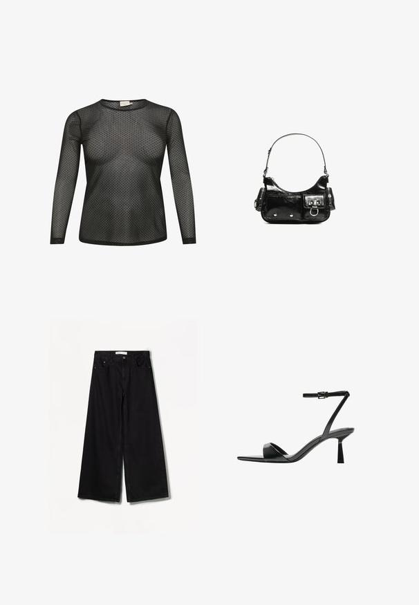 Schwarzes Langarmoberteil aus durchsichtigem Stoff mit einem Punktmuster. Hat einen runden Ausschnitt und eine enganliegende Silhouette.; Bershka WIDE-LEG - Wide Leg - black; Bershka High Heel Sandalette - black; Schwarze Lackleder-Handtasche mit geschwungenem Design, einem Schulterriemen, Vordertaschen und silberfarbenen Hardware-Akzenten.