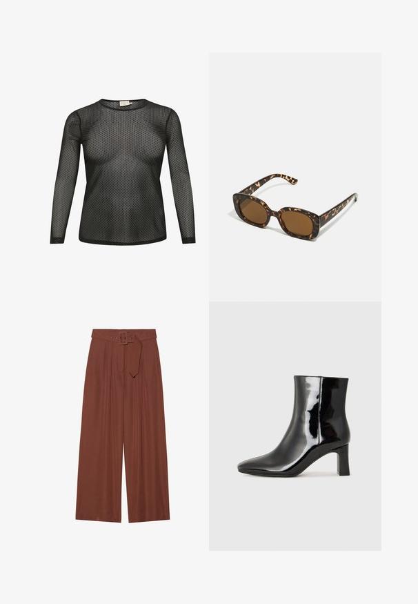 Zwarte lange mouw top van doorschijnende stof met een stippenpatroon. Heeft een ronde halslijn en een aansluitende pasvorm.; Brunnen wijduitlopende broeken van stof, met een riem met een vierkante gesp, geplooid ontwerp en een gladde textuur.; Zwarte gepolijste leren enkellaars met een spitse neus en een blokhak van gemiddelde hoogte. Glad textuur en minimalistisch ontwerp.; Tortoiseshell zonnebril met een ronde, stevige montuur en bruine lenzen. Heeft subtiele patronen en rechte, taps toelopende veren.