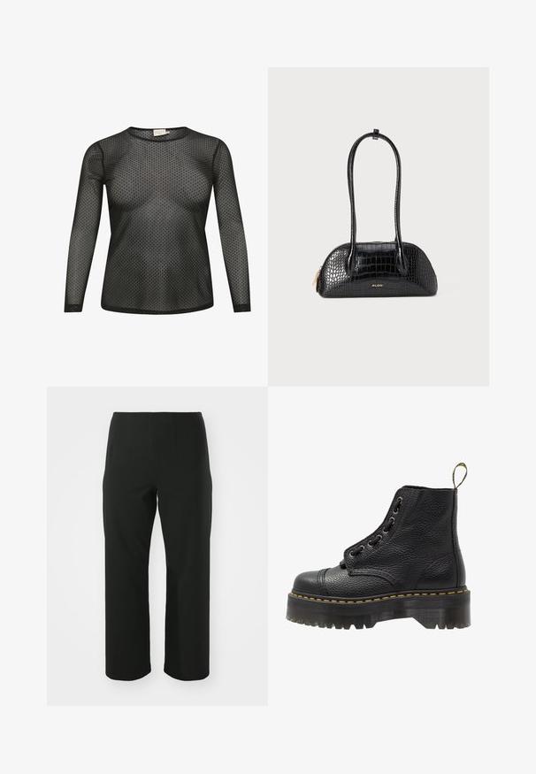 Sort langærmet top lavet af gennemsigtig stof med prikket mønster. Har en rund halsudskæring og tætsiddende silhuet.; Vero Moda Curve VMCAUGUSTA PANT - Bukser - black; Sorte læder ankelstøvler med tekstureret overflade, rund tå, snørebåndsdesign, gule stikninger og en tyk, rillet sort platformsål.; Sort håndtaske i krokodillemønster med en glat tekstur, rund form og to slanke håndtag. Guld-logo nær bunden.; Sølvøreringe, rund form, glat metaloverflade, ingen synlige udsmykninger, let design, ensartet tykkelse.