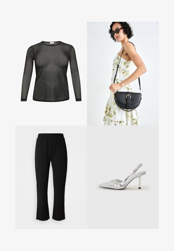 Haut noir à manches longues en tissu transparent avec un motif à pois. Présente un col rond et une silhouette ajustée.; ONLY Carmakoma CARLAMA STRAIGHT - Pantalon classique - black; Escarpin argenté à talon aigu, avec un bout pointu, une finition métallique, deux brides décoratives et un talon élancé avec un embout noir.; Sac à main en cuir noir avec une forme courbée, bandoulière amovible et des accessoires en or. Le sac est doté d'un rabat avec un détail de boucle.