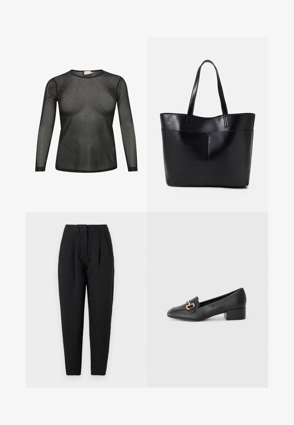 Schwarzes Langarmoberteil aus durchsichtigem Stoff mit einem Punktmuster. Hat einen runden Ausschnitt und eine enganliegende Silhouette.; Schwarze Hose mit geradem Schnitt, die auf der Vorderseite Falten hat, eine glatte Textur und seitliche Taschen bietet. Der Bund hat eine Standardhöhe.; Schwarze Lederloafers mit flachem Absatz, die auf der Vorderseite ein dekoratives goldfarbenes Hardware-Detail und eine glatte Textur aufweisen.; Schwarze Leder-Shopper-Tasche mit zwei langen Griffen, einer glatten Textur und einer strukturierten Form. Verfügt über eine Vordertasche für zusätzlichen Stauraum.