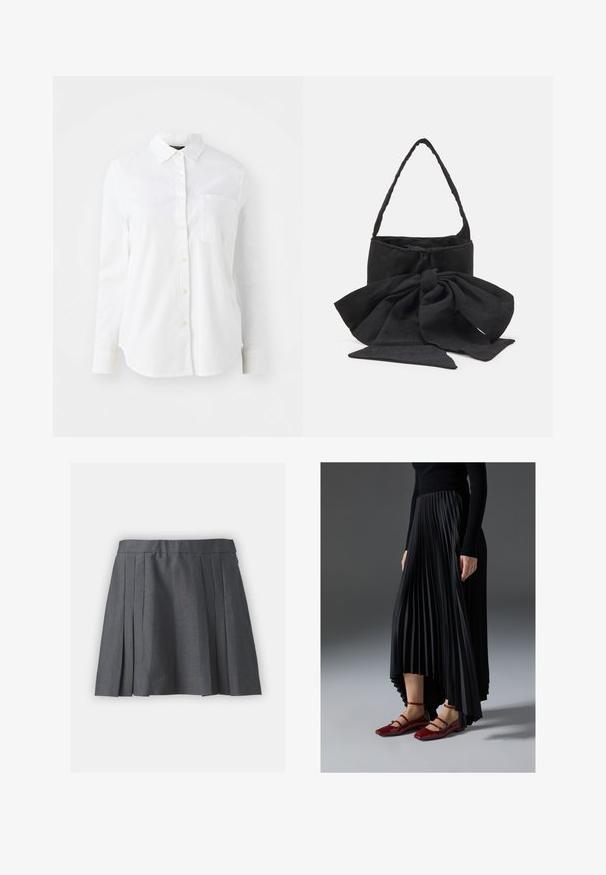 Chemise blanche à manches longues et boutons, fabriquée dans un tissu à la texture douce, avec un col classique et une poche poitrine.; Jupe plissée grise en tissu texturé, avec une taille et une fermeture éclair dissimulée. Présente des plis uniformément espacés pour un look structuré.; Jupe plissée noire avec un ourlet asymétrique, associée à des ballerines rouges brillantes avec un design à bandoulière. Le tissu a une texture lisse.; Sac à main en tissu noir avec un accent en nœud noué, de forme arrondie, surface texturée avec de petits motifs, et une seule poignée fine.