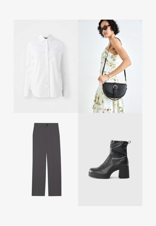 Fehér, hosszú ujjú, gombos ing, puha textúrájú anyagból, klasszikus gallérral és egyetlen mellzsebbel.; Szürke nadrág egyenes lábformával, két oldalsó zsebbe és gombos záródással. Simább anyag, látható minták vagy díszítés nélkül.; Fekete bokacsizmák sima bőrből, oldalsó cipzárral, vastag, texturált sarkú és lekerekített orrú dizájnnal.; Fekete bőrtáska ívelt formával, levehető pánttal és arany színű fémrészekkel. A táskán egy csattal díszített fedél található.