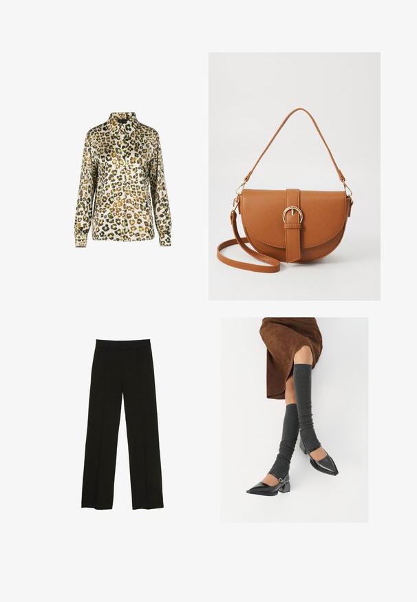 Bluzica z vzorcem leoparda z ovratnikom, dolgimi rokavi in sprednjim zapiranjem na gumb. Tkanina ima gladko, sijočo teksturo.; Črne široke hlače iz gladkega materiala, z oprsnikom in diskretnimi sprednjimi plisami za dodano teksturo.; Črne lakirane čevlje s pointy prsti in blok peto ter z naramnicami za gleženj, ki jih kombiniramo s sivimi rebrastimi nogavicami in rjavim suknjičem iz usnja.; Rjava usnjena torbica prek telesa s ukrivljeno obliko, zlate opreme in sponko. Ima odstranljiv naramni trak.