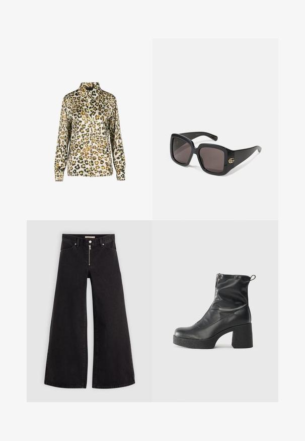 Leopard print blouse with a collared neckline, long sleeves, and a button-front closure. The fabric has a smooth, shiny texture.; Wide-leg jeans in black denim with a zippered front, five-pocket design, and subtle stitching details. Smooth texture and casual style.; Black ankle boots made of smooth leather, featuring a side zipper, chunky textured heel, and rounded toe design.; Black oversized sunglasses with dark lenses, glossy plastic frame, rounded square shape, and gold interlocking GG logo on the side.