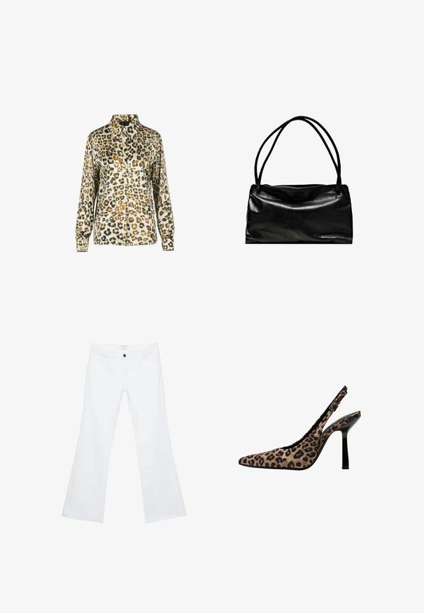 Blusa con stampa leopardata, colletto, maniche lunghe e chiusura anteriore con bottoni. Il tessuto ha una texture liscia e lucida.; Jeans bianchi a zampa d'elefante realizzati in denim, con un davanti piatto caratterizzato da cuciture distintive, due tasche frontali e un singolo bottone nero in vita.; Décolleté con stampa leopardata, punta affusolata, dettagli in vernice nera, tacco alto sottile e cinturino regolabile. Materiale sintetico.; Borsa nera in pelle con una superficie liscia, forma rettangolare e due manici lunghi. Design semplice senza hardware o decorazioni visibili.