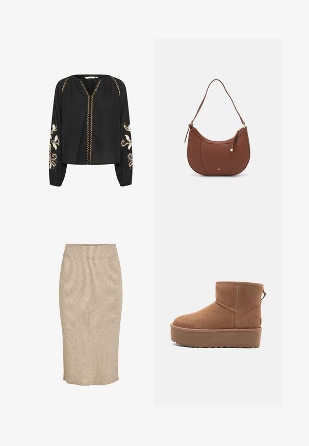 Čierna blúzka s dlhými rukávmi, na ktorých sú vyšívané biele kvetinové vzory; má výstrih do V a dekoračné zlaté stehy na prednej strane.; Pletená sukňa vo svetlo béžovej farbe s vertikálnou rebrovanou textúrou, po kolená, s elastickým pásom a rovný strih.; Hnedé semišové členkové čižmy s platformou, okrúhlou špičkou a zdobením stehov; majú slučku zozadu pre jednoduché obúvanie.; Hnedá umelá kožená taška cez rameno s zakriveným tvarom, minimalistickým šitím a zlatými akcentami. Obsahuje zips na vrchu a nastaviteľný popruh.