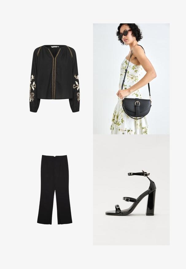 Blusa nera a maniche lunghe con motivi floreali bianchi ricamati sulle maniche; presenta un collo a V e una cucitura decorativa dorata lungo la parte anteriore.; Pantaloni neri a gamba dritta, con tasche frontali e spacchi laterali all'orlo. Realizzati in tessuto morbido e liscio. Adatti a diverse occasioni.; Sandali con tacco in vernice nera, con punta squadrata, cinturini alla caviglia e fibbie in argento. Presentano un tacco a blocco spesso per maggiore stabilità.; Borsa a tracolla nera in pelle con una forma curva, manico rimovibile e accessori dorati. La borsa presenta una patta con un dettaglio a fibbia.