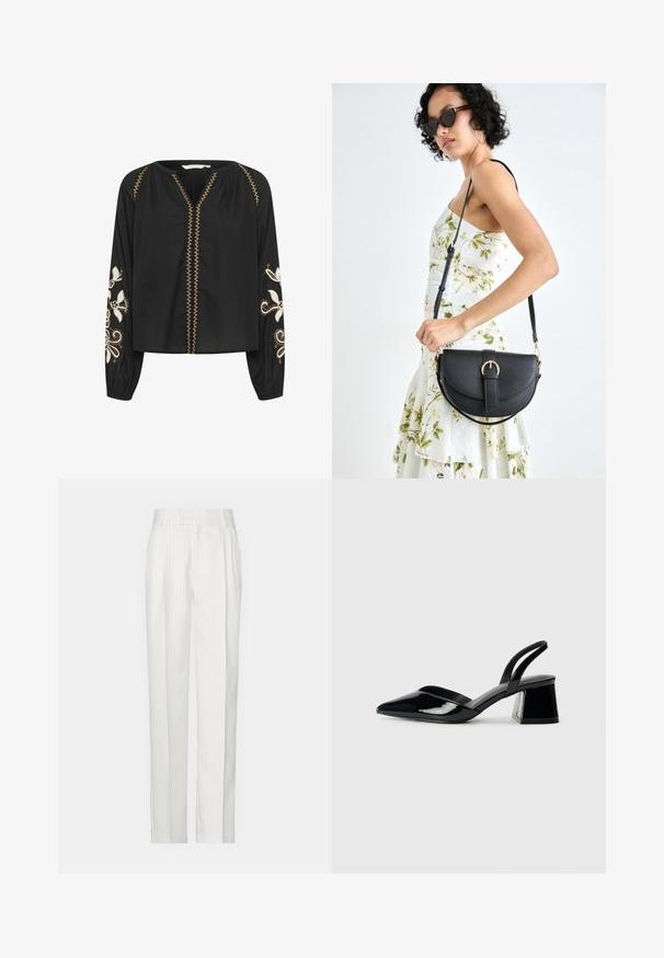 Juoda ilgomis rankovėmis bluzonė su siuvinėjimais baltais gėlių raštais ant rankovių; turi V-formos iškirpę ir dekoratyvinį auksinį siuvinėjimą priekyje.; Balti dryžuoti kelnės su tiesiu kojų dizainu, pagamintos iš lengvos medžiagos. Priekyje turi klostes ir tradicinį juosmenį.; Juodos lakuotos odinės šlepetės su smailiu pirštu ir geometriniu bloko kulnu. Turi elegantišką, minimalistinį dizainą ir lygų paviršių.; Juodas odinis krepšys su išlenkta forma, nuimamu dirželiu ir auksiniais detalėmis. Krepšys turi kilpą su sagtimi.